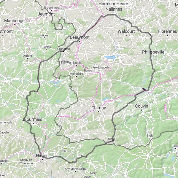 Miniature de la carte de l'inspiration cycliste "Les collines du Sud de l'Avesnois" dans la Nord-Pas de Calais, France. Générée par le planificateur d'itinéraire cycliste Tarmacs.app