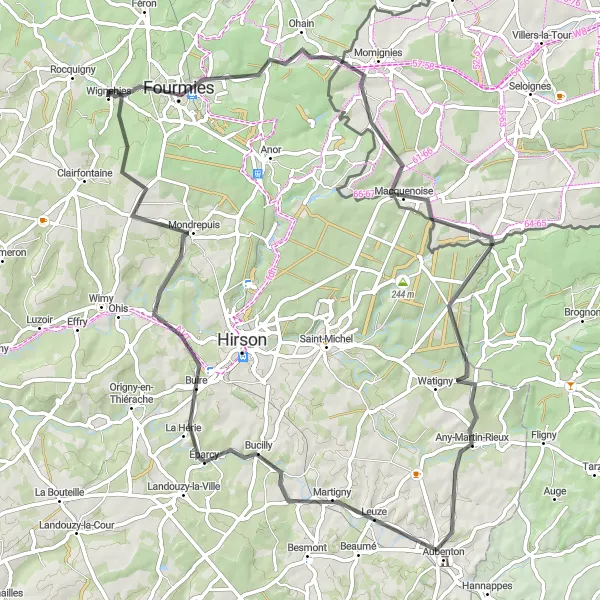 Miniature de la carte de l'inspiration cycliste "Tour de la Thiérache" dans la Nord-Pas de Calais, France. Générée par le planificateur d'itinéraire cycliste Tarmacs.app