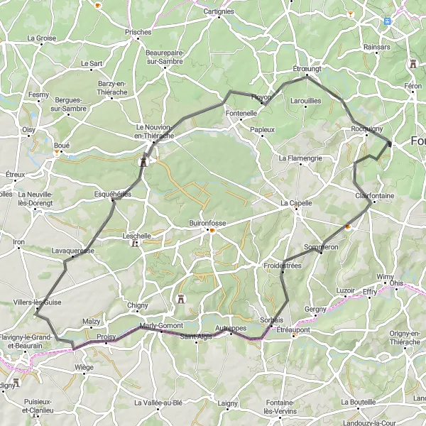 Miniature de la carte de l'inspiration cycliste "Parcours des Villages" dans la Nord-Pas de Calais, France. Générée par le planificateur d'itinéraire cycliste Tarmacs.app