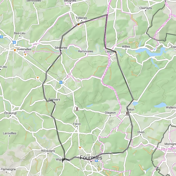 Miniature de la carte de l'inspiration cycliste "Boucle de l'Avesnois" dans la Nord-Pas de Calais, France. Générée par le planificateur d'itinéraire cycliste Tarmacs.app