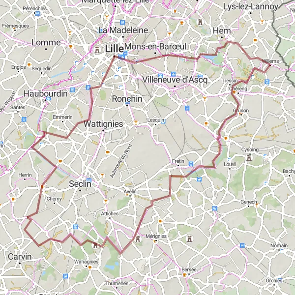 Miniature de la carte de l'inspiration cycliste "Boucle de Willems à Lille" dans la Nord-Pas de Calais, France. Générée par le planificateur d'itinéraire cycliste Tarmacs.app