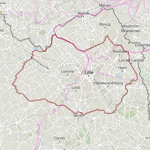 Miniature de la carte de l'inspiration cycliste "Circuit des batailles de Bouvines" dans la Nord-Pas de Calais, France. Générée par le planificateur d'itinéraire cycliste Tarmacs.app