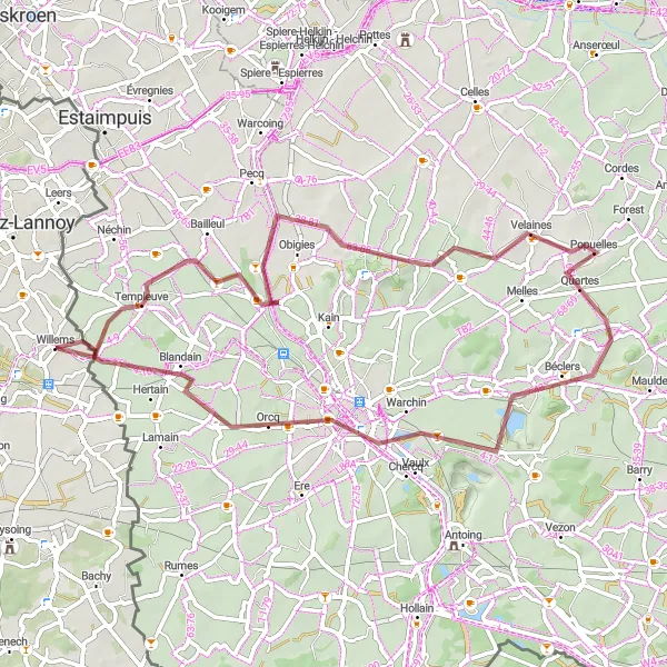 Miniature de la carte de l'inspiration cycliste "Tour pittoresque de Willems à Tournai" dans la Nord-Pas de Calais, France. Générée par le planificateur d'itinéraire cycliste Tarmacs.app