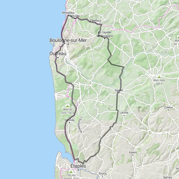 Miniature de la carte de l'inspiration cycliste "La Boucle des Vallées - Circuit Route" dans la Nord-Pas de Calais, France. Générée par le planificateur d'itinéraire cycliste Tarmacs.app