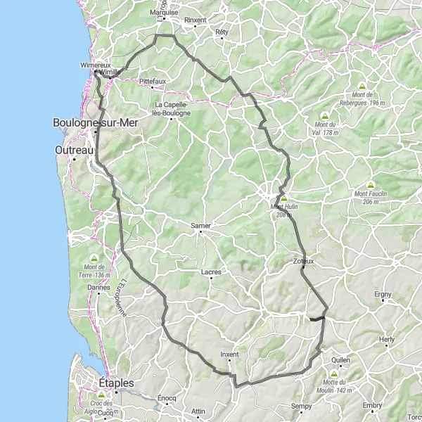 Map miniature of "Wacquinghen Loop" cycling inspiration in Nord-Pas de Calais, France. Generated by Tarmacs.app cycling route planner