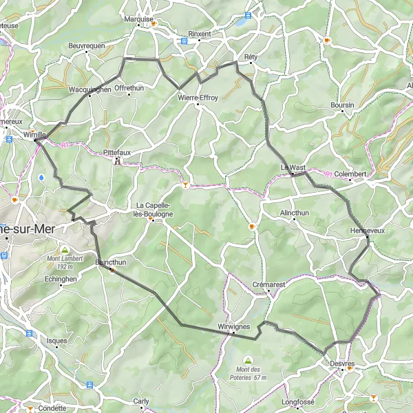 Map miniature of "Coastal Ride through Picturesque Villages" cycling inspiration in Nord-Pas de Calais, France. Generated by Tarmacs.app cycling route planner