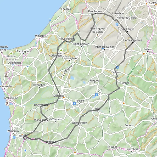 Miniature de la carte de l'inspiration cycliste "Boucle vers les environs de Wimille" dans la Nord-Pas de Calais, France. Générée par le planificateur d'itinéraire cycliste Tarmacs.app
