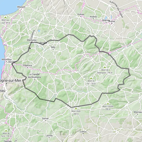 Map miniature of "Wimille and Surroundings" cycling inspiration in Nord-Pas de Calais, France. Generated by Tarmacs.app cycling route planner