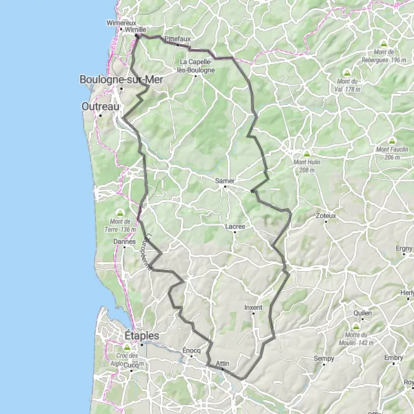 Map miniature of "Picturesque Road Cycling Route near Wimille" cycling inspiration in Nord-Pas de Calais, France. Generated by Tarmacs.app cycling route planner