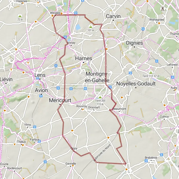 Miniature de la carte de l'inspiration cycliste "Le Circuit des Terrils en Courte Distance" dans la Nord-Pas de Calais, France. Générée par le planificateur d'itinéraire cycliste Tarmacs.app