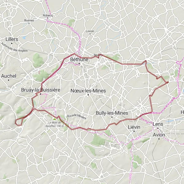 Miniature de la carte de l'inspiration cycliste "Le Circuit des Terrils" dans la Nord-Pas de Calais, France. Générée par le planificateur d'itinéraire cycliste Tarmacs.app