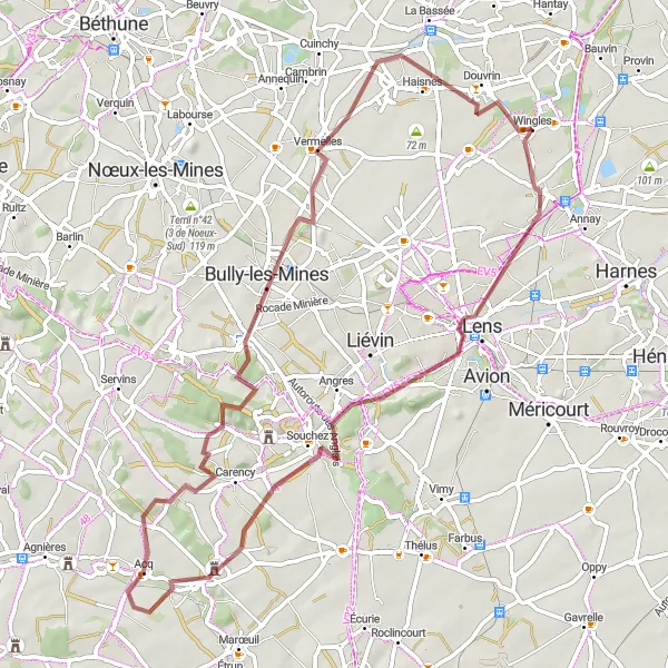 Miniature de la carte de l'inspiration cycliste "Le chemin des terrils" dans la Nord-Pas de Calais, France. Générée par le planificateur d'itinéraire cycliste Tarmacs.app