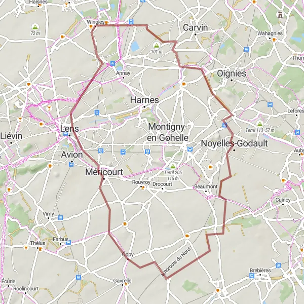Miniature de la carte de l'inspiration cycliste "Le Tour des Terrils en Gravier" dans la Nord-Pas de Calais, France. Générée par le planificateur d'itinéraire cycliste Tarmacs.app