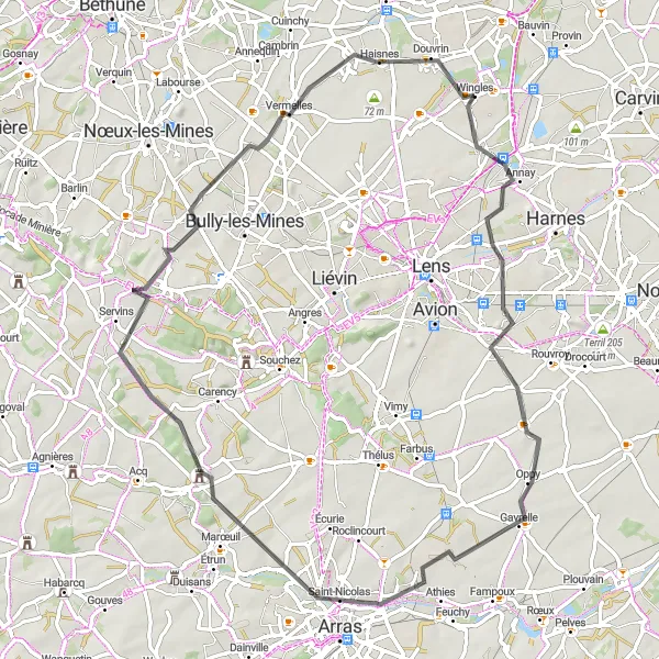 Map miniature of "Wing to Wing Cycle" cycling inspiration in Nord-Pas de Calais, France. Generated by Tarmacs.app cycling route planner