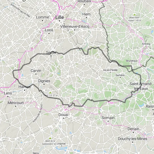 Miniature de la carte de l'inspiration cycliste "Les Routes Historiques du Nord" dans la Nord-Pas de Calais, France. Générée par le planificateur d'itinéraire cycliste Tarmacs.app