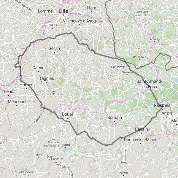 Miniature de la carte de l'inspiration cycliste "La grande boucle des terrils" dans la Nord-Pas de Calais, France. Générée par le planificateur d'itinéraire cycliste Tarmacs.app
