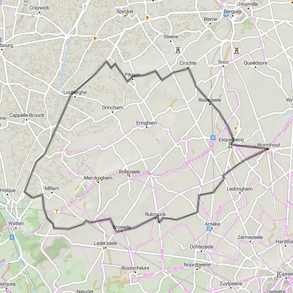 Miniature de la carte de l'inspiration cycliste "Le Tour des Canaux Flamands" dans la Nord-Pas de Calais, France. Générée par le planificateur d'itinéraire cycliste Tarmacs.app