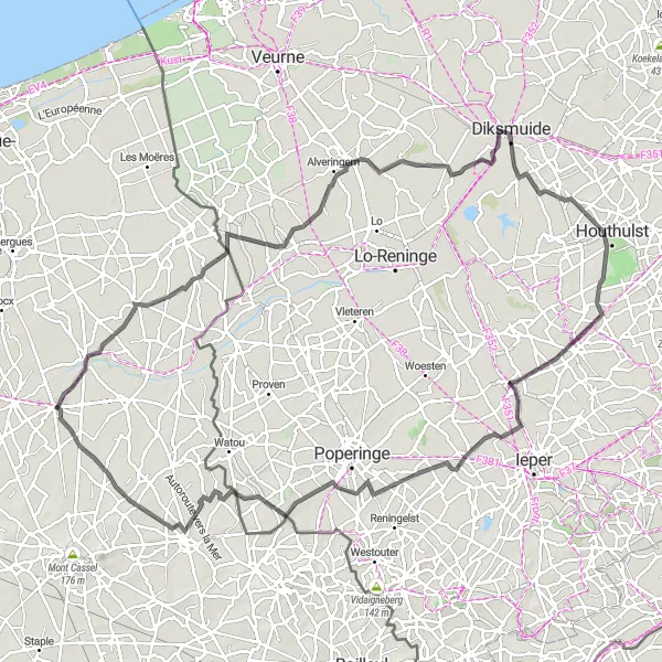 Miniature de la carte de l'inspiration cycliste "Le Tour des Moulins de Flandre" dans la Nord-Pas de Calais, France. Générée par le planificateur d'itinéraire cycliste Tarmacs.app
