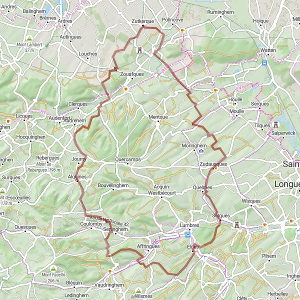 Miniature de la carte de l'inspiration cycliste "Les collines de Zutkerque et d'Alentours" dans la Nord-Pas de Calais, France. Générée par le planificateur d'itinéraire cycliste Tarmacs.app