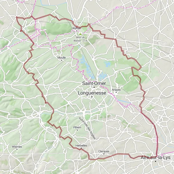 Miniature de la carte de l'inspiration cycliste "Le Tour des Vallées autour de Zutkerque" dans la Nord-Pas de Calais, France. Générée par le planificateur d'itinéraire cycliste Tarmacs.app