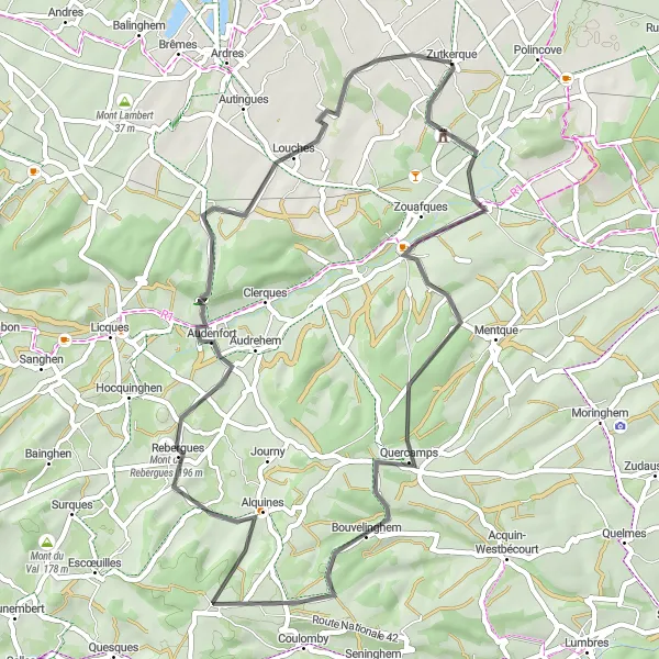 Miniature de la carte de l'inspiration cycliste "La Boucle des Montagnes du Nord" dans la Nord-Pas de Calais, France. Générée par le planificateur d'itinéraire cycliste Tarmacs.app