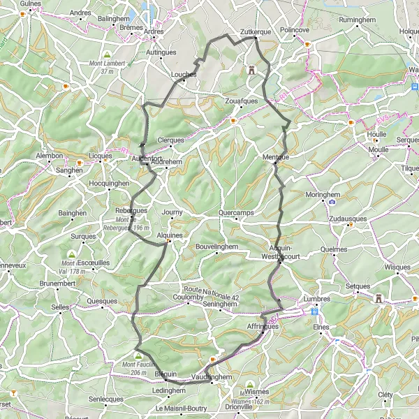 Miniature de la carte de l'inspiration cycliste "Les Routes Pittoresques autour de Zutkerque" dans la Nord-Pas de Calais, France. Générée par le planificateur d'itinéraire cycliste Tarmacs.app