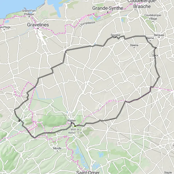 Miniature de la carte de l'inspiration cycliste "Le Tour de la Campagne Nordiste" dans la Nord-Pas de Calais, France. Générée par le planificateur d'itinéraire cycliste Tarmacs.app
