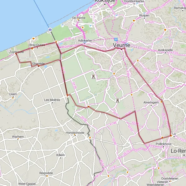 Miniature de la carte de l'inspiration cycliste "Parcours de Gravel pittoresque près de Zuydcoote" dans la Nord-Pas de Calais, France. Générée par le planificateur d'itinéraire cycliste Tarmacs.app