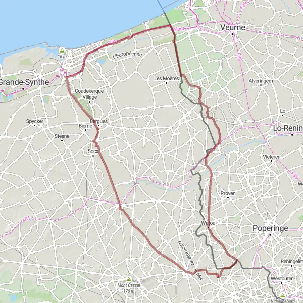 Map miniature of "The Gravel Exploration of Hondschoote" cycling inspiration in Nord-Pas de Calais, France. Generated by Tarmacs.app cycling route planner