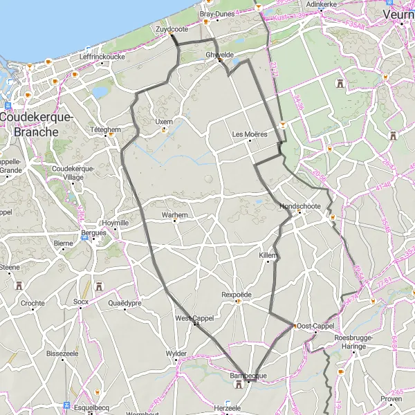 Miniature de la carte de l'inspiration cycliste "Parcours côtier de Zuydcoote" dans la Nord-Pas de Calais, France. Générée par le planificateur d'itinéraire cycliste Tarmacs.app
