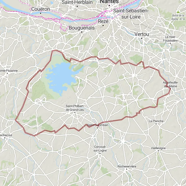 Map miniature of "Exploring Gravel Paths around Aigrefeuille-sur-Maine" cycling inspiration in Pays de la Loire, France. Generated by Tarmacs.app cycling route planner