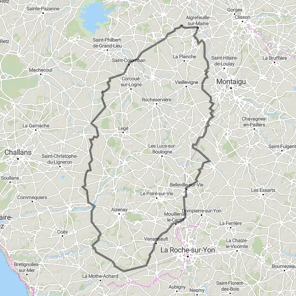 Miniature de la carte de l'inspiration cycliste "Route des Châteaux de Vendée" dans la Pays de la Loire, France. Générée par le planificateur d'itinéraire cycliste Tarmacs.app