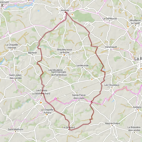 Miniature de la carte de l'inspiration cycliste "Parcours gravel autour d'Aizenay" dans la Pays de la Loire, France. Générée par le planificateur d'itinéraire cycliste Tarmacs.app