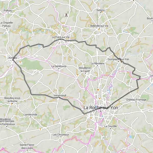 Map miniature of "Adventures in Le Poiré-sur-Vie, Dompierre-sur-Yon, and Place Napoléon" cycling inspiration in Pays de la Loire, France. Generated by Tarmacs.app cycling route planner