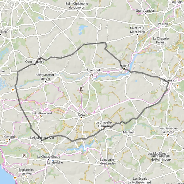 Map miniature of "Cycling through La Chapelle-Hermier, L'Aiguillon-sur-Vie, and Commequiers" cycling inspiration in Pays de la Loire, France. Generated by Tarmacs.app cycling route planner