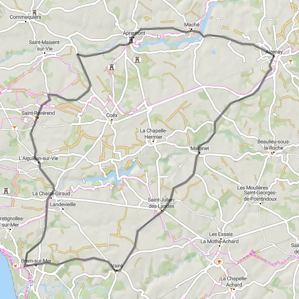 Map miniature of "Aizenay to Château d'Apremont Loop" cycling inspiration in Pays de la Loire, France. Generated by Tarmacs.app cycling route planner