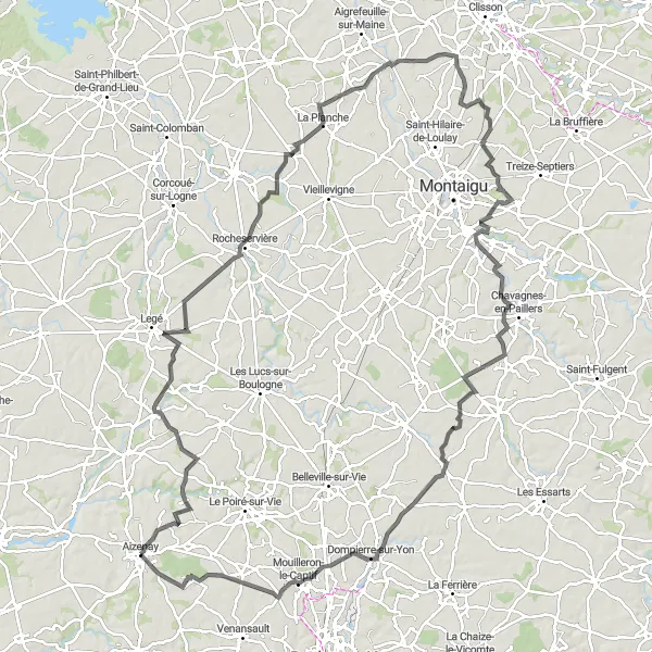 Map miniature of "The Ultimate Road Cycling Adventure: Saint-Étienne-du-Bois, Rocheservière, and Mouilleron-le-Captif" cycling inspiration in Pays de la Loire, France. Generated by Tarmacs.app cycling route planner