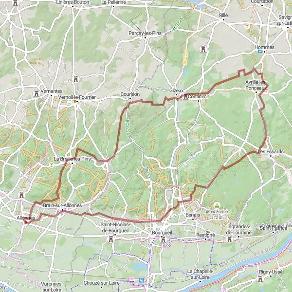 Miniature de la carte de l'inspiration cycliste "Gizeux Gravel Adventure" dans la Pays de la Loire, France. Générée par le planificateur d'itinéraire cycliste Tarmacs.app