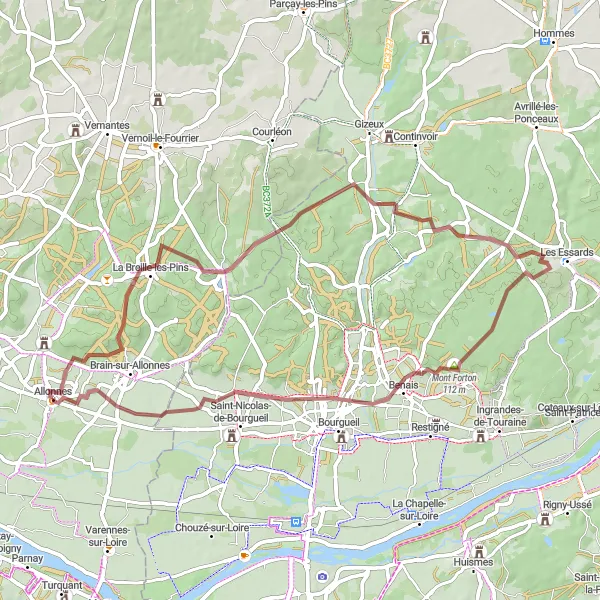 Miniature de la carte de l'inspiration cycliste "Tour de Gravel à travers Brain-sur-Allonnes" dans la Pays de la Loire, France. Générée par le planificateur d'itinéraire cycliste Tarmacs.app