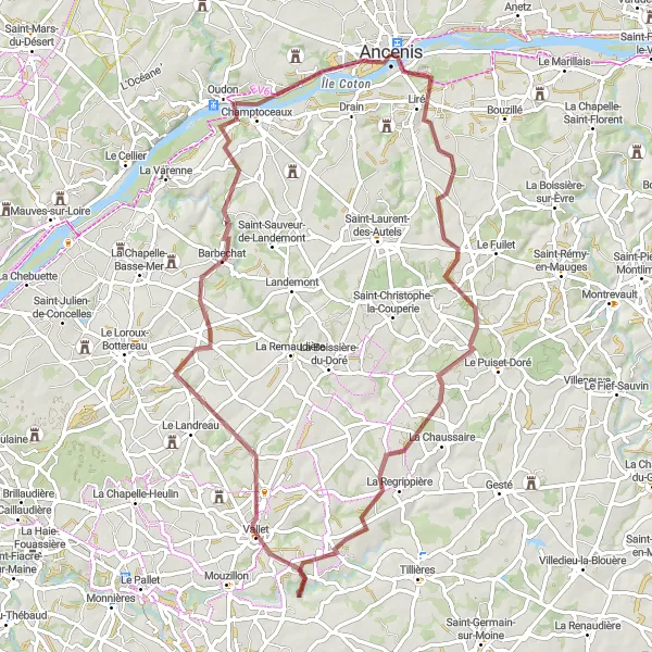 Map miniature of "The Gravel Loop: Through Liré and Ancenis" cycling inspiration in Pays de la Loire, France. Generated by Tarmacs.app cycling route planner