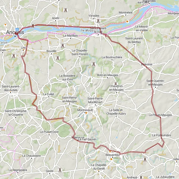 Miniature de la carte de l'inspiration cycliste "Parcours en Gravel vers Liré" dans la Pays de la Loire, France. Générée par le planificateur d'itinéraire cycliste Tarmacs.app
