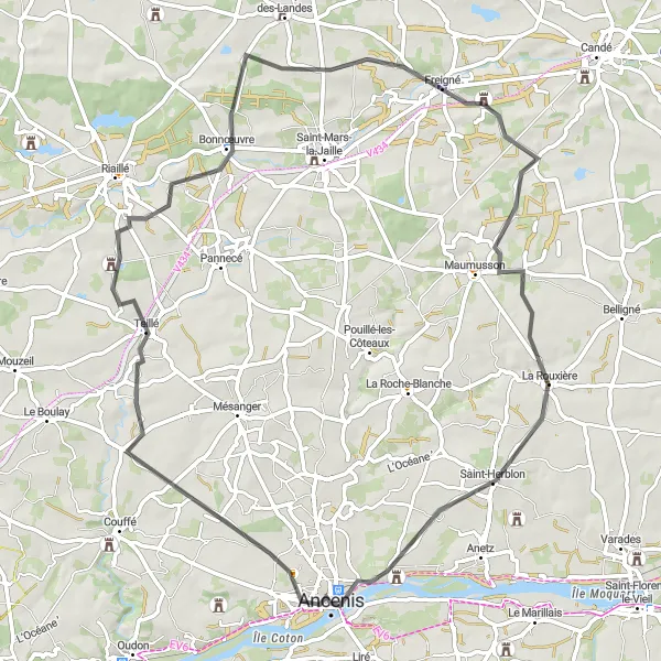 Map miniature of "Ancenis to Saint-Géréon Loop" cycling inspiration in Pays de la Loire, France. Generated by Tarmacs.app cycling route planner