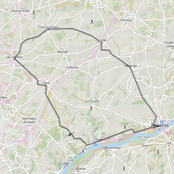 Map miniature of "Exploring the Road Sceneries: Oudon to Saint-Géréon" cycling inspiration in Pays de la Loire, France. Generated by Tarmacs.app cycling route planner