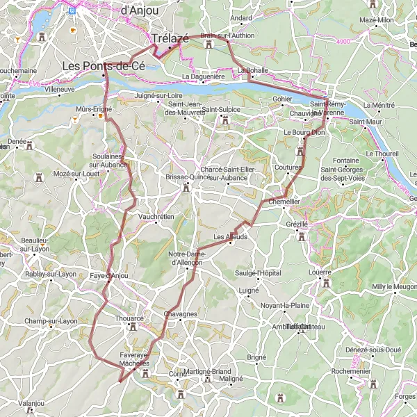 Map miniature of "Gravel adventure around the Loire" cycling inspiration in Pays de la Loire, France. Generated by Tarmacs.app cycling route planner