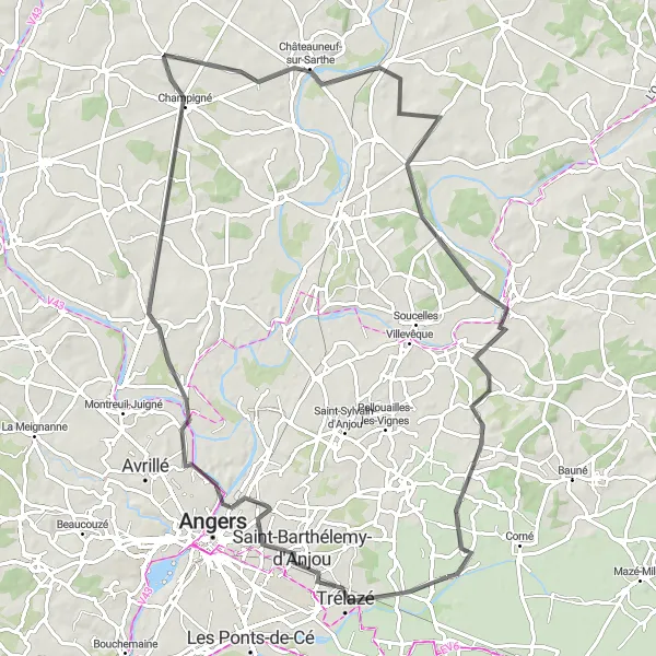 Map miniature of "Trélazé and surrounding villages" cycling inspiration in Pays de la Loire, France. Generated by Tarmacs.app cycling route planner