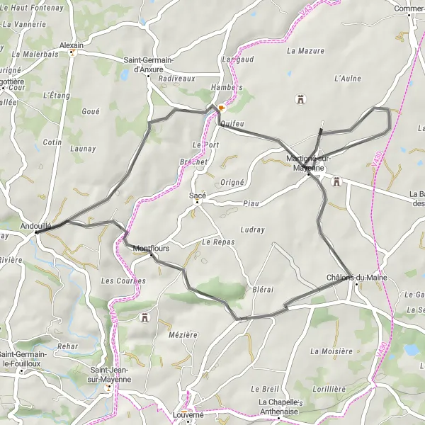 Map miniature of "Riverside Serenity" cycling inspiration in Pays de la Loire, France. Generated by Tarmacs.app cycling route planner