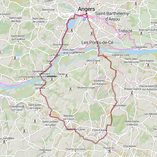 Miniature de la carte de l'inspiration cycliste "Escapade Gravel - 65km" dans la Pays de la Loire, France. Générée par le planificateur d'itinéraire cycliste Tarmacs.app