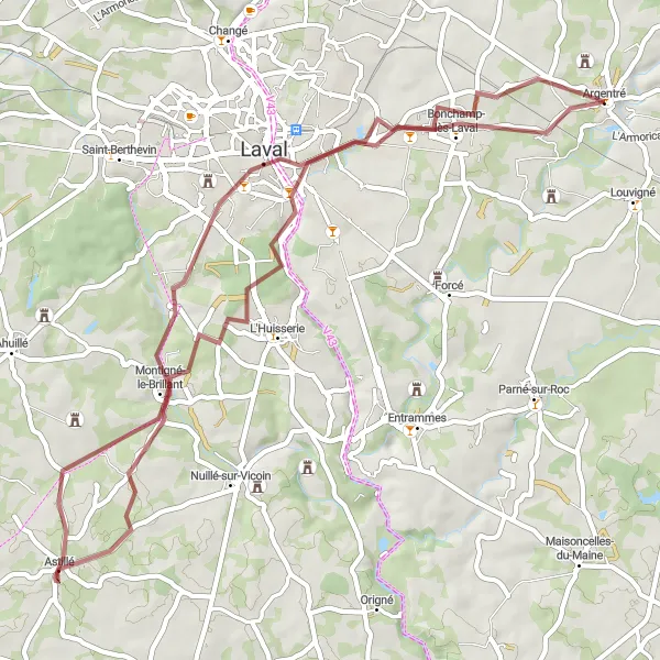 Map miniature of "Picturesque Gravel Ride to Château and parc d'Hauterive" cycling inspiration in Pays de la Loire, France. Generated by Tarmacs.app cycling route planner