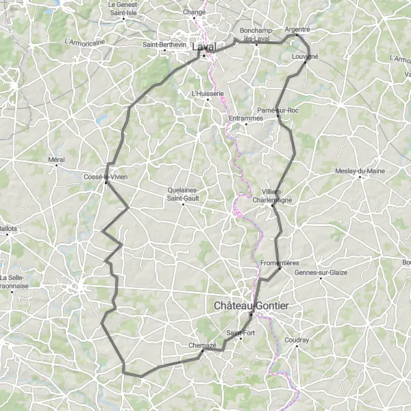 Miniature de la carte de l'inspiration cycliste "Parcours Route depuis Argentré" dans la Pays de la Loire, France. Générée par le planificateur d'itinéraire cycliste Tarmacs.app