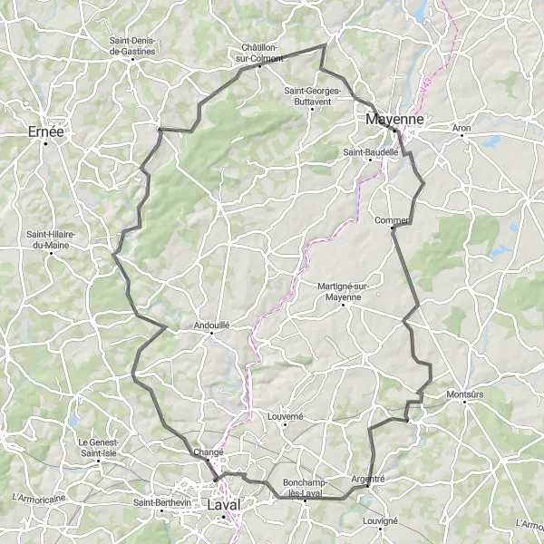 Miniature de la carte de l'inspiration cycliste "Parcours Route autour d'Argentré" dans la Pays de la Loire, France. Générée par le planificateur d'itinéraire cycliste Tarmacs.app